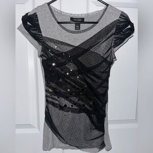 White House Black Market Gray Top with Black Mesh